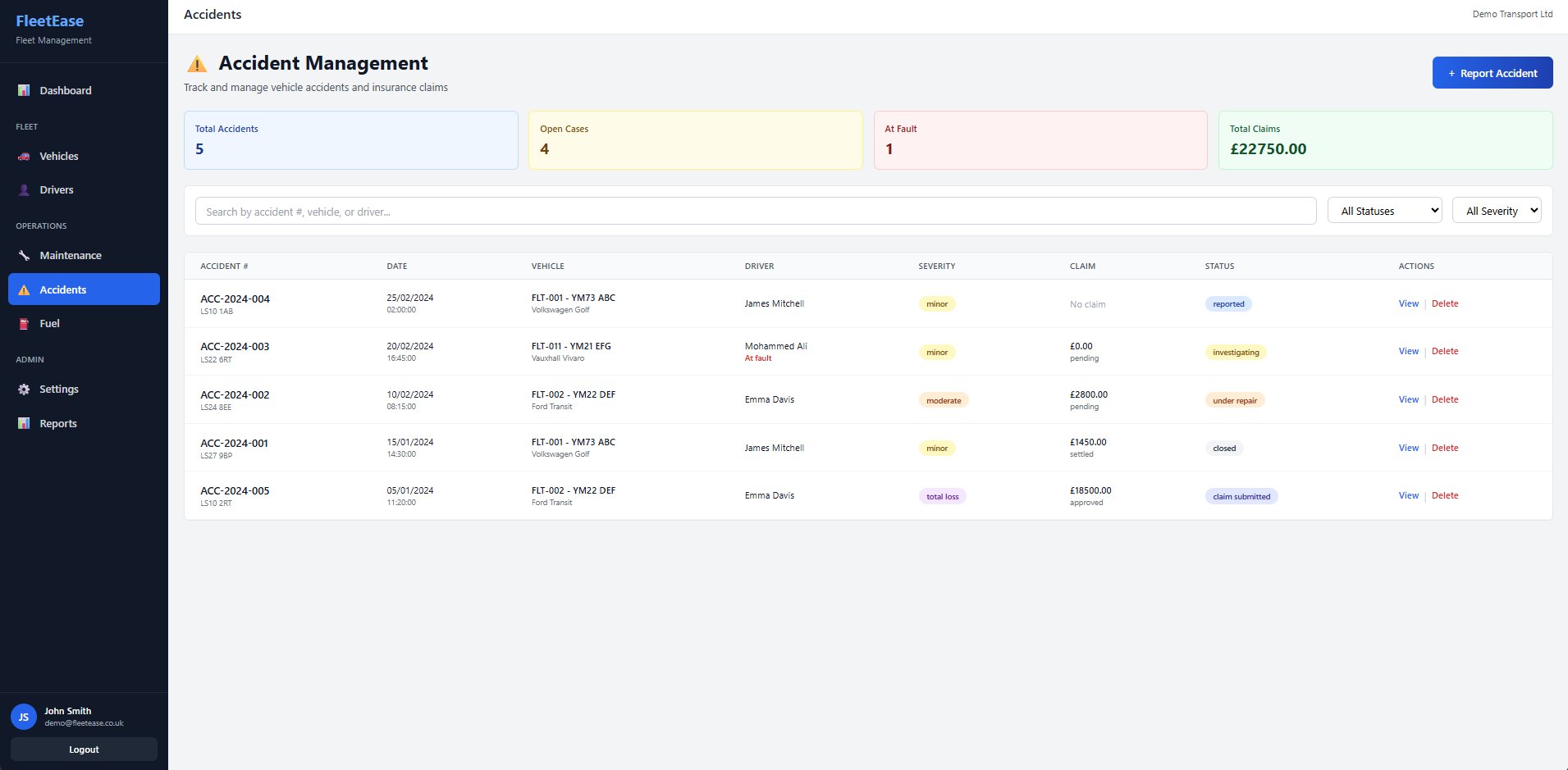 FleetEase accident and incident management dashboard showing accident records with severity, driver, vehicle, insurance claim status and costs