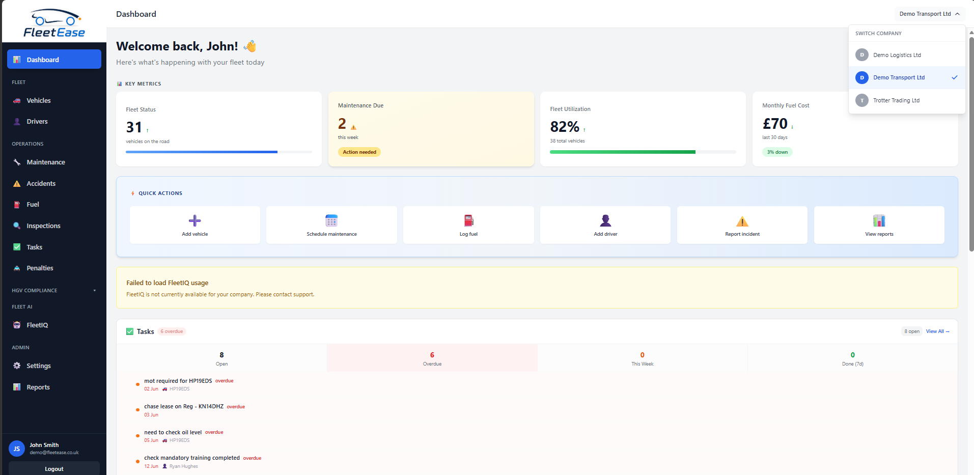 FleetEase dashboard showing company switcher with three companies — Demo Logistics, Demo Transport, Trotter Trading