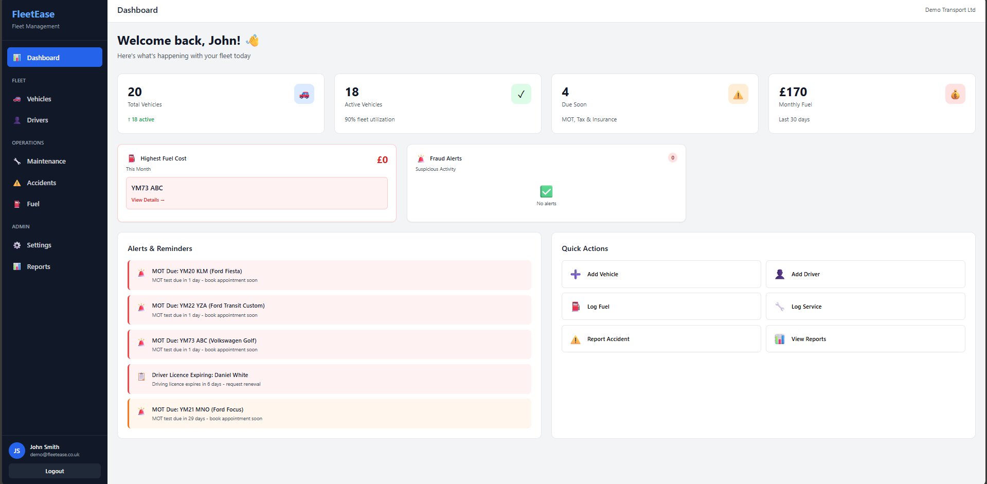 FleetEase fleet management dashboard showing real-time vehicle overview, MOT compliance alerts, and quick actions for UK fleet managers
