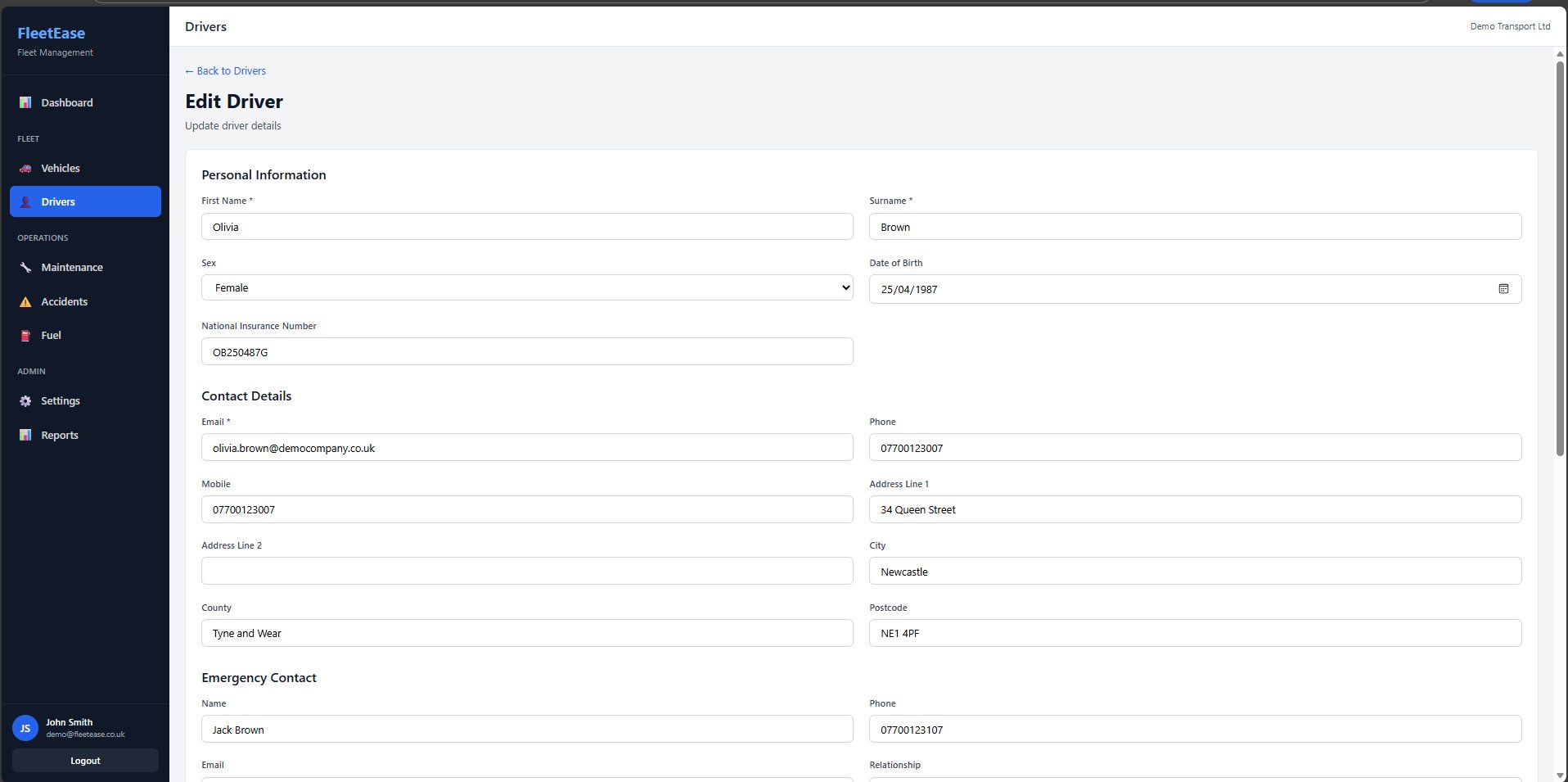 FleetEase driver edit screen — personal information, contact, emergency contact, licence and DVLA details