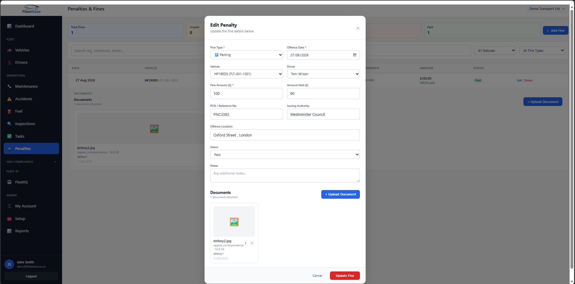 FleetEase Edit Penalty dialog — fine type, offence date, vehicle, driver, amount, issuing authority, status and attached appeal documents