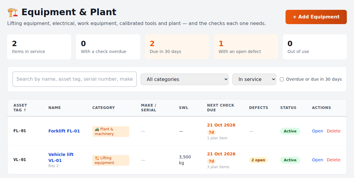 FleetEase Equipment & Plant list — every item with its next check due, open defects and status, with items-in-service and overdue counts