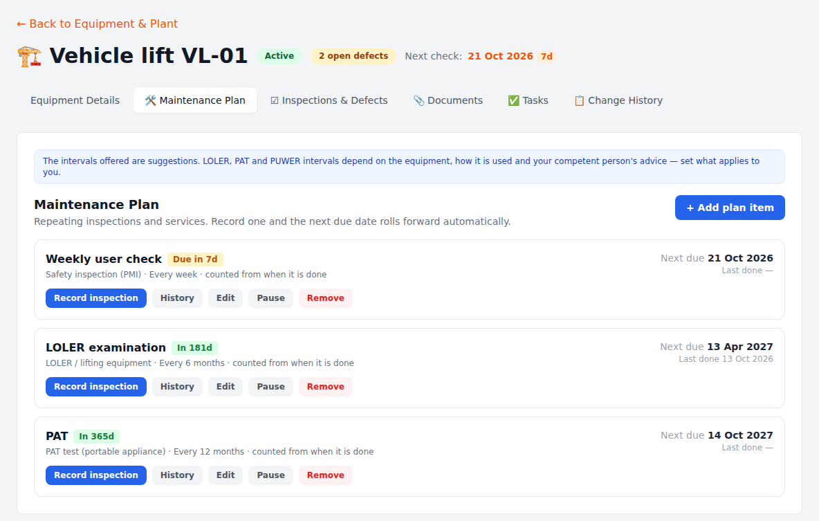 FleetEase equipment record — compliance plan with weekly user check, LOLER examination and PAT, each with its next due date counted forward automatically