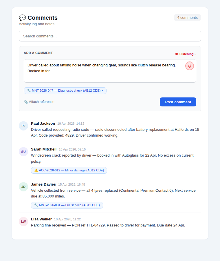 FleetEase Intelligent Notes showing voice dictation, comment timeline, and smart cross-references to maintenance jobs and accidents