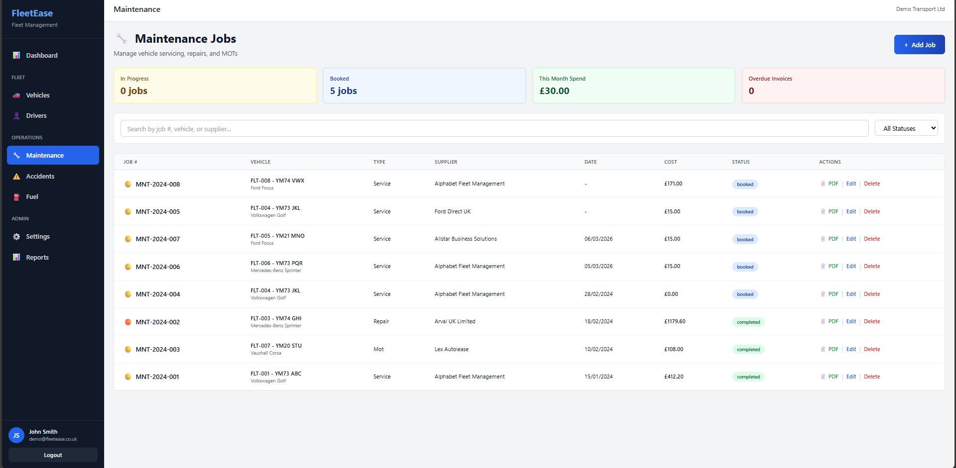 FleetEase fleet maintenance tracking dashboard showing service jobs, MOT bookings, repair costs, supplier details and job status