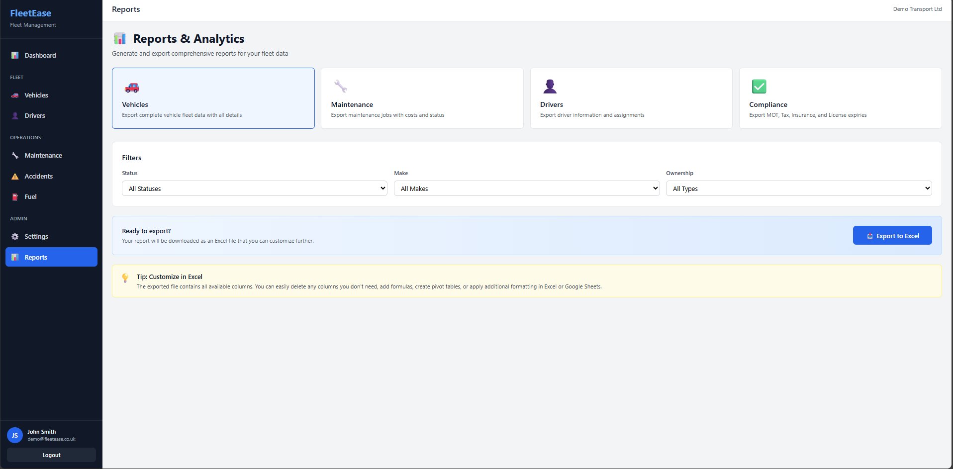 FleetEase fleet reports and analytics module with Excel export for vehicles, maintenance, drivers and MOT tax insurance compliance data