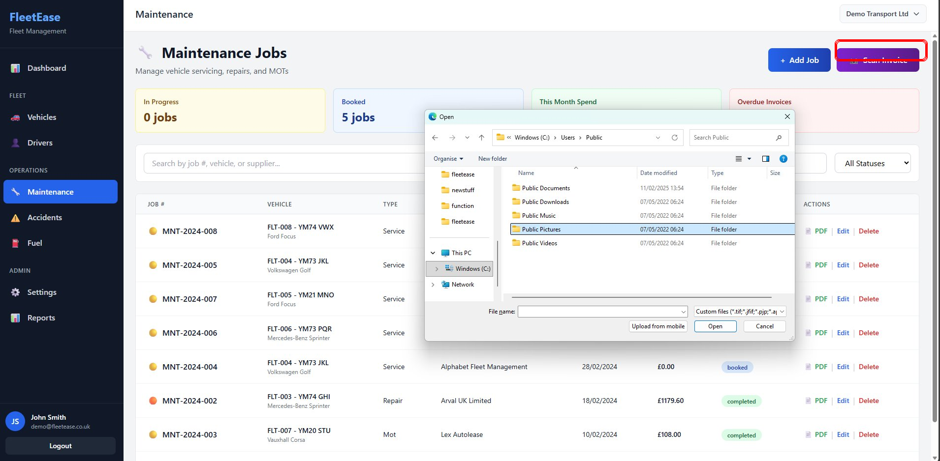 FleetEase maintenance module showing the Scan Invoice button highlighted — one click to upload a photo of a garage invoice and auto-fill maintenance records using AI