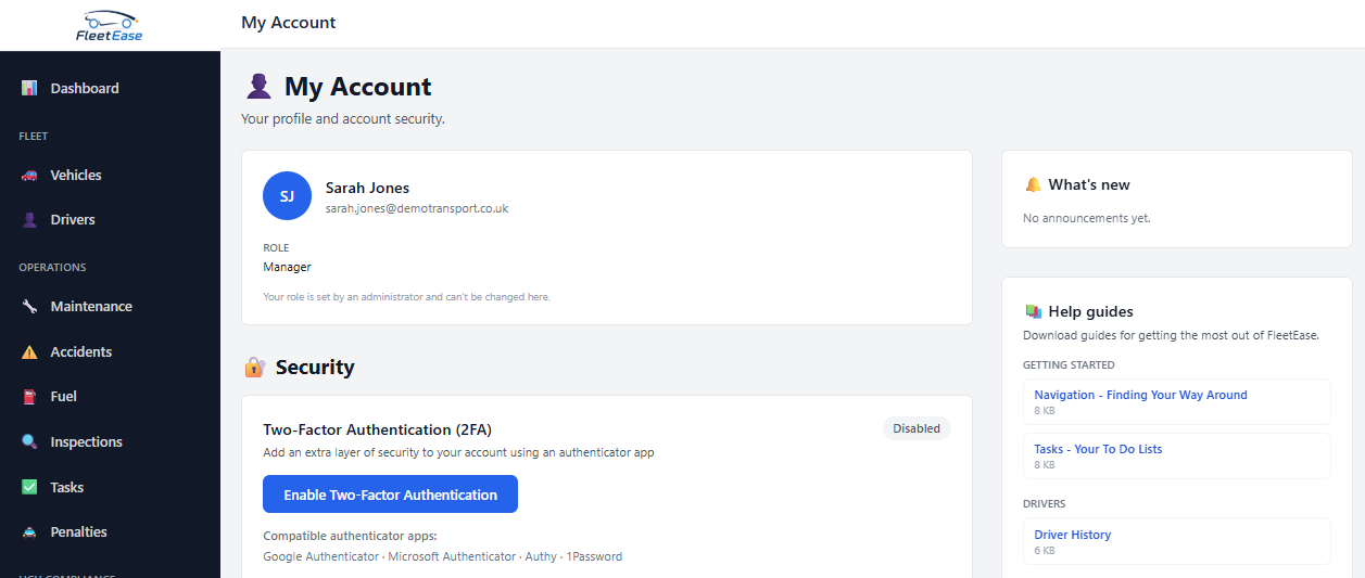 FleetEase My Account security — enable two‑factor authentication with an authenticator app, role and profile controls, help guides