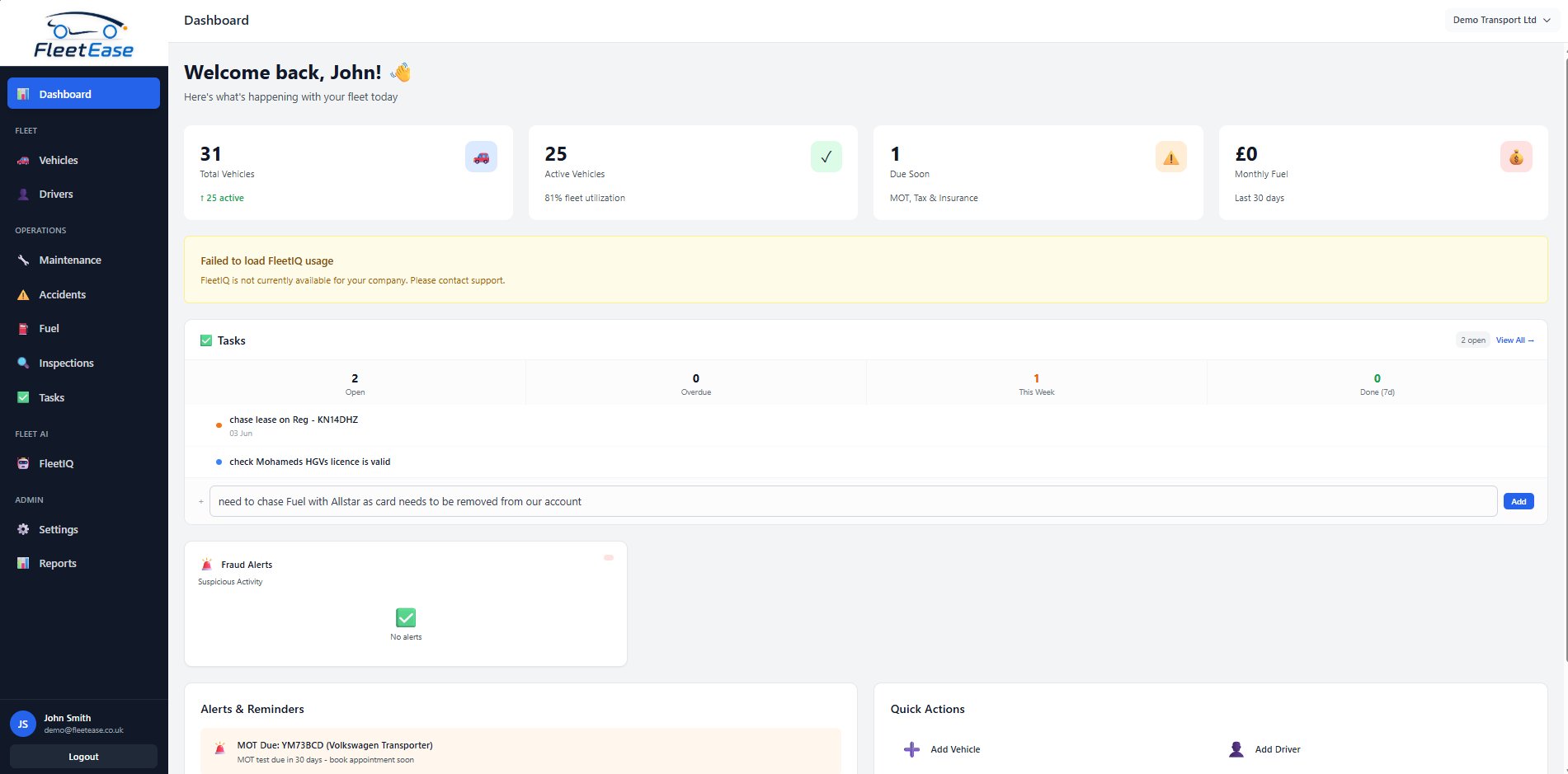 FleetEase dashboard showing the Tasks widget with open task count, overdue count, priority tasks, and quick-add bar for instant task creation