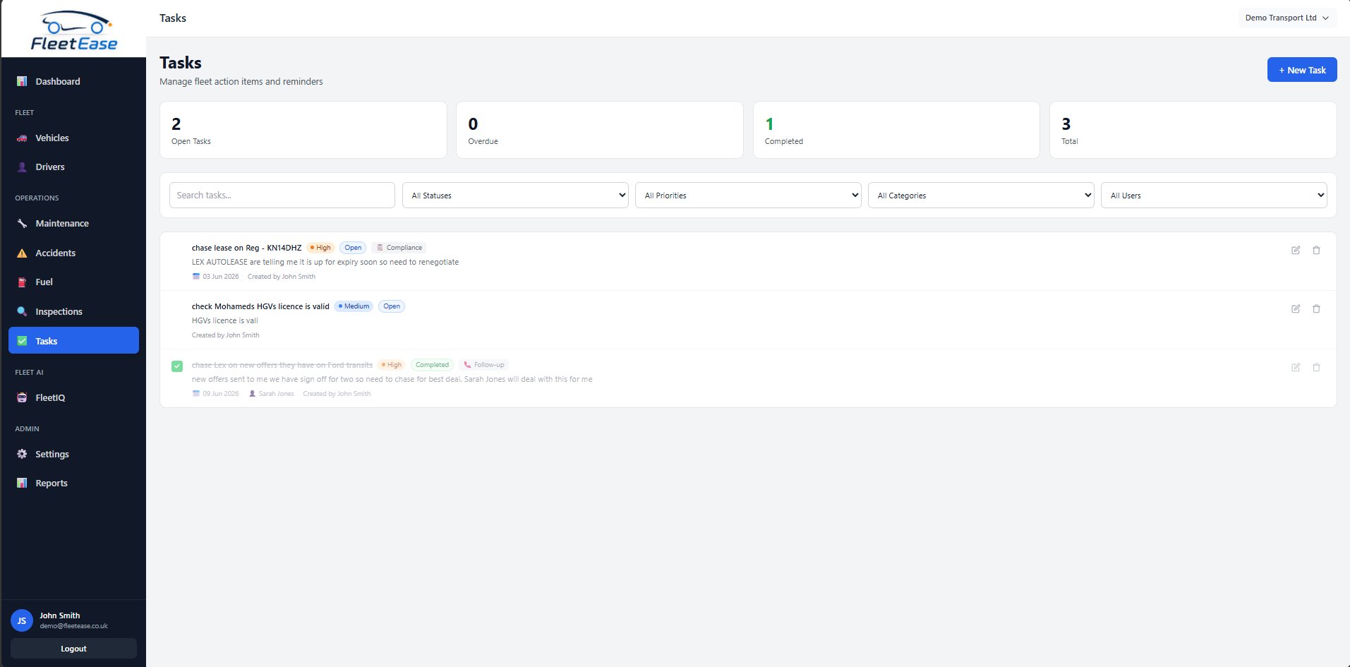 FleetEase Task Management page showing filterable task list with status badges, priority indicators, category tags, due dates, and assignment details