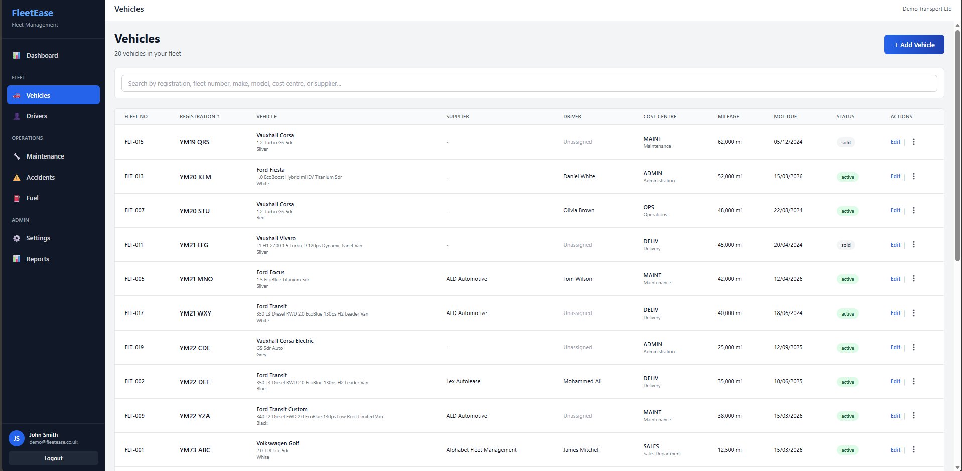 FleetEase vehicle fleet management list showing registration, make, model, driver assignment, MOT dates, mileage and status for each fleet vehicle